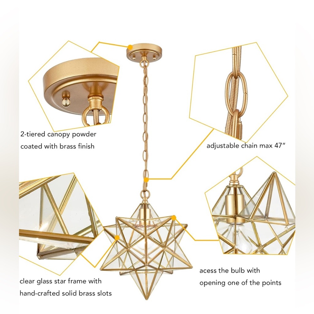 DANSEER Moravian Star Light Modern Brass Pendant Light 15 Inches with Clear Glas - Picture 3 of 3